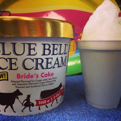 Our wedding cake Snowball stuffed with Blue Bell Bride's Cake ice cream.