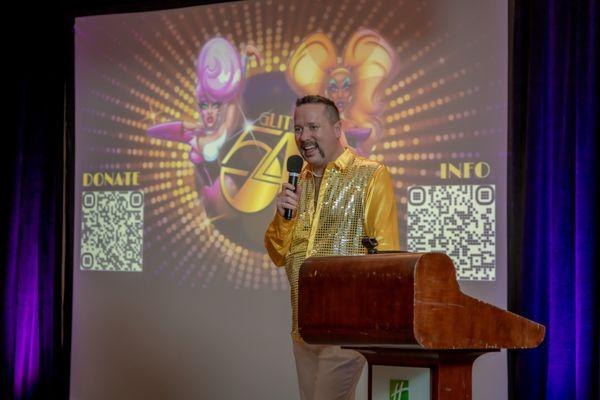 Filmmaker Anthony Hand speaking at the "Maxxie LaWow: Drag Super-shero" Preview Party 3/30 in San Jose