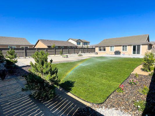 This is the beautiful lawn they installed for us with a rock and distressed granite planter area.