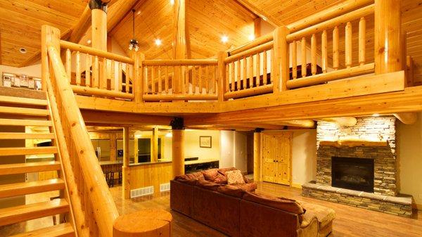 View of great room and loft from the front entrance.