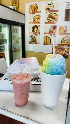 shaved ice, Strawberry Smoothie, cheese medium pizza, and Double Teriyaki Chicken Rice Bowl