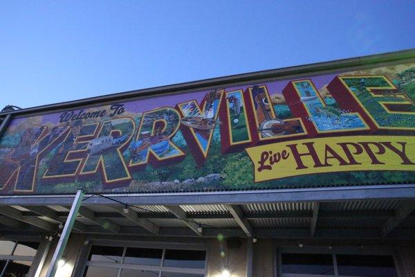 Kerrville Mural painted by Brent Hale on the back deck of the theatre, named the "Happy State Bank Deck"