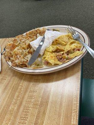 Cold and tasteless hash browns and omelette