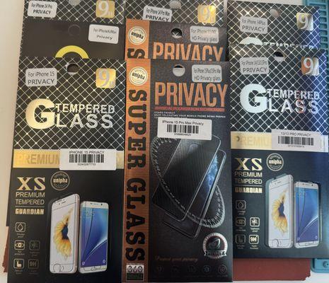 All kind of privacy screen protectors available for iphone and android.