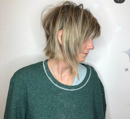 Razored, asymmetrical bob with added texture