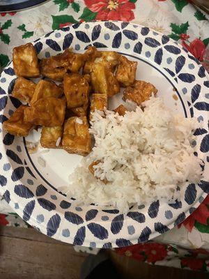 General Tso's tofu with white rice