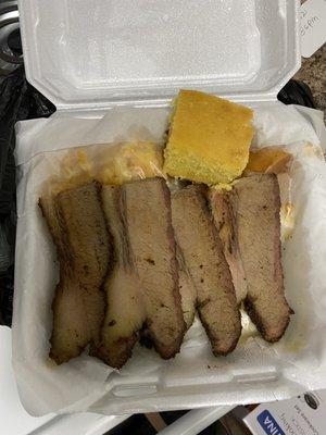 Brisket meal cornbread Mac n cheese green beans yams