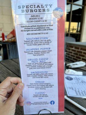 Specialty burger list