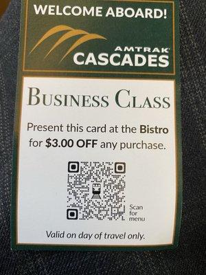 A discount you are provided for purchasing a business seat on the train