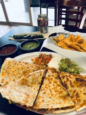 Carne Asada Super Quesadilla with chiles toreados (grilled peppers "toreado" style) SO YUMMY!