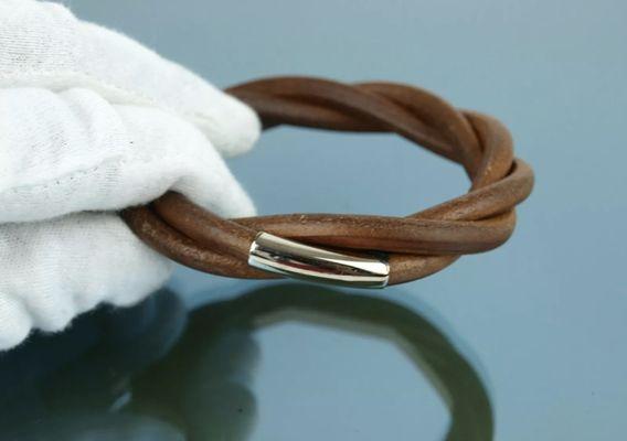 Hermes Vintage Bangle Bracelet. Medium Brown Leather & Silver Hardware Acccents