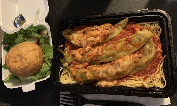 Stuffed Banana Peppers over Angel Hair with Salad and Roll (during San Lorenzo/San Rocco Fest)