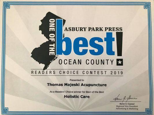 Our Acupuncturist, Thomas Majeksi, has been voted Asbury Park Press Best of 2019 in Holistic Care. This is his second year being honored.