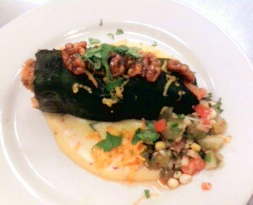 Latin/Key West-Queso & Chicken Stuffed Poblano Pepper w/Candied Pecans, & Roasted Corn Relish