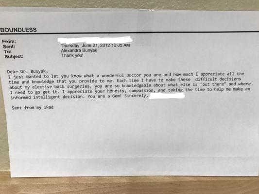 Patient note: "... I appreciate your honesty, compassion, and taking the time to help me make an informed intelligent decision."