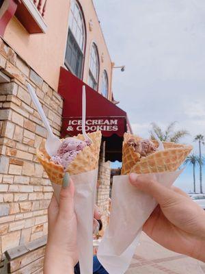 Berry and chocolate ice cream with waffle cones