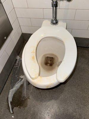 Dirty toilet that no one would come to clean. But employees were just standing around talking.