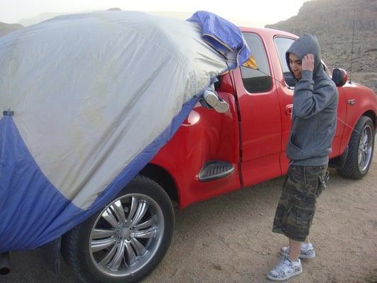 our second attempt at a tent when our first broke from winds...see my feet!