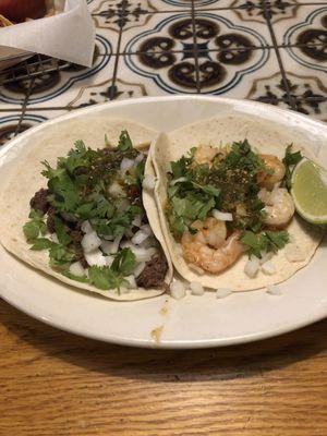 Carne Asada taco and shrimp taco