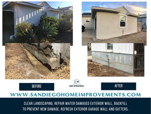 Clear landscaping, repair water damaged exterior wall, backfill to prevent new damage, refresh wall & gutter by San Diego Home Improvements