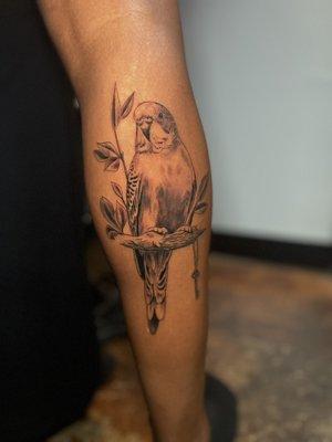 Black and gray bird tattoo on dark skin