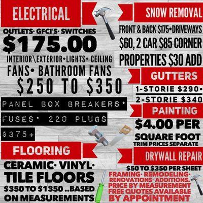 Electrical,Snow Removal Gutters, Painting, Flooring and Drywall Repair!