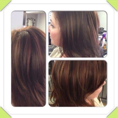 Warm chocolate with red and blonde highlights by Mellissa