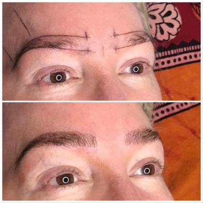 Awesome gorgeous full even brows after microblading- Melanie is so skilled, talented, trained, incredible!