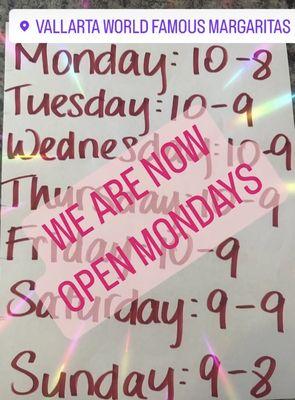 We are now open Mondays