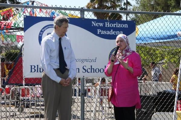 Pasadena Mayor Bill Bogaard and the Director of NHS Pasadena Amira Al-Sarraf.  Eid 2012