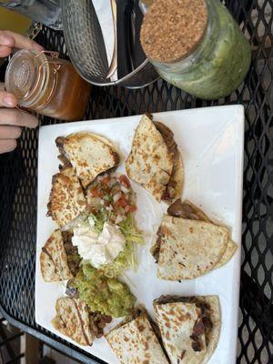 Steak quesedilla and salsas