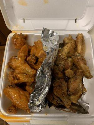 Lemon pepper wings (right) medium buffalo wings (left)