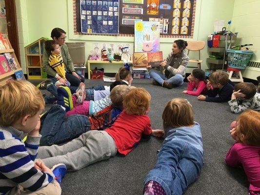 During circle time, children work on many valuable skills, including mathematical equations, patterning, name recognition and more.