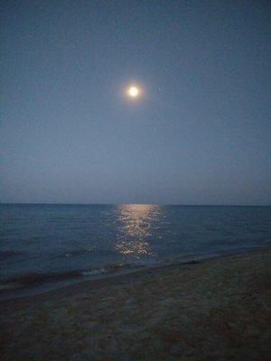 Sitting out by the fire pit on the lake. The moon reflecting off of lake Huron