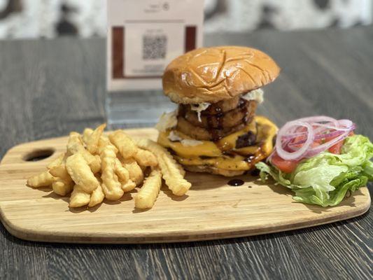 OTR Burger with French Fries.