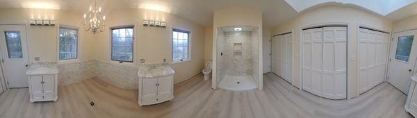 Full Bathroom Remodel. Marble Tile with Mirrors for shower and Free Standing Tub Corner.