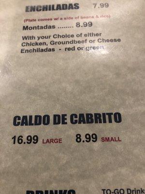 Here is the price on the menu for the caldo de cabrito!