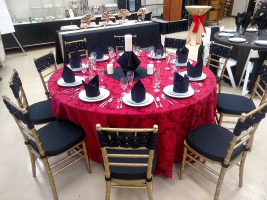 Chiavari chairs with black or white seat pads. we offer everything for your linen needs, and also carry dishware.