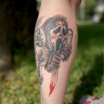 Custom Scream tattoo black and grey with red blood