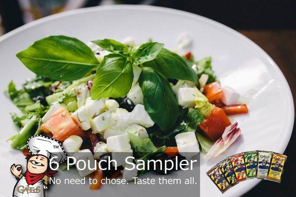 GALEOS 6 POUCH SAMPLER Taste all 6 of our delicious flavors for 1 affordable price! Use them as salad dressing, marinade, or dip!