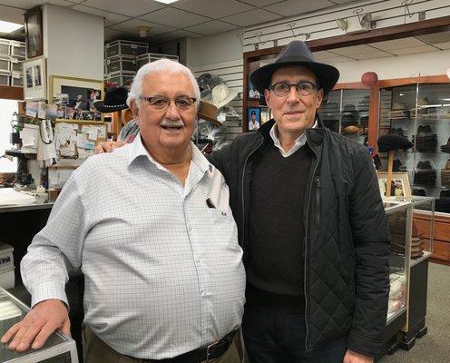 My first visit to the shop. I let Gus sell me a hat. :-)