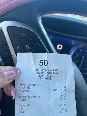 Receipt of being charged extra for something that already comes in the burrito