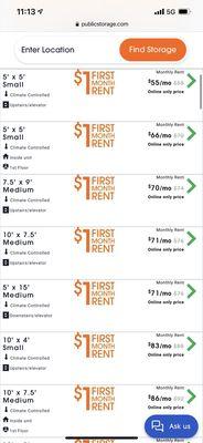 Prices of storage. First month is only $1