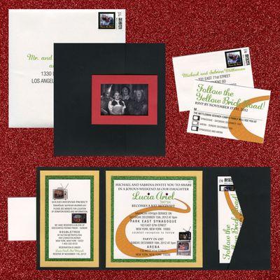 black linen pocket bat mitzvah invitation, 3d clear coated tv screen label, three layers of paper, gold metallic paper, green sparkle paper