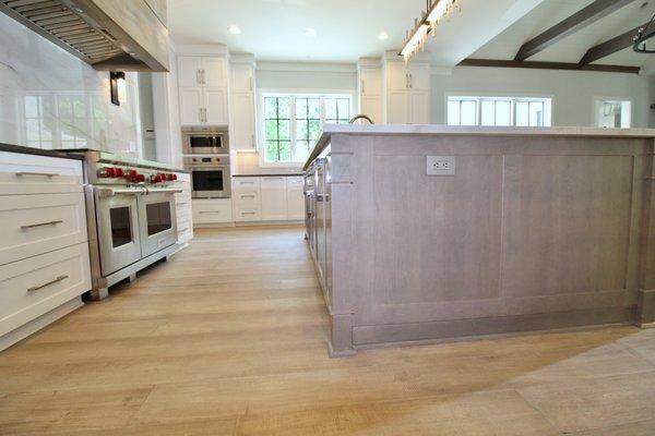 Maple island with decorative trim and Silverthorne stain