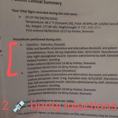 Migraine, so bad I needed a steroid shot in my left but cheek and a pain one in my right. 2 but cheek shots.