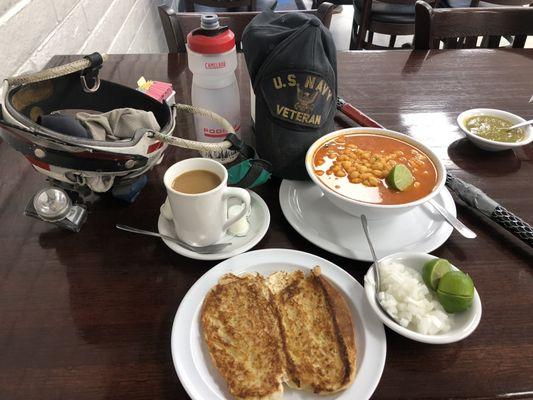 Interior: my usual brekkie = Pozole/coffee/toast/cebollas/limons