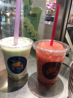 Honeydew shake with boba and watermelon strawberry blend