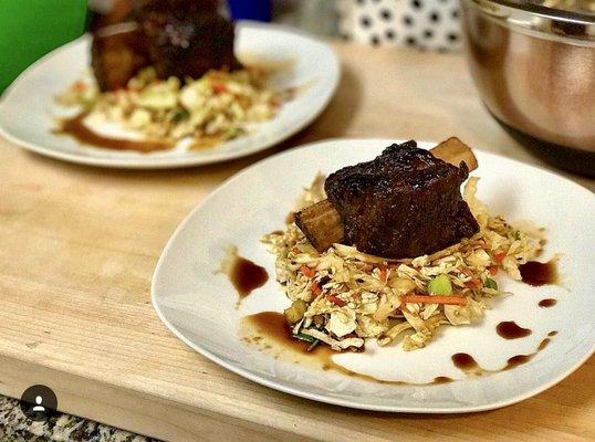 Beef short rib braised in Miso and Chinese five spice, over a sweet and tangy Asian slaw.