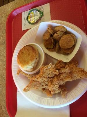 Chicken tenders, fried pickles, biscuit with gravy and a large tea, $7.35 out the door.. Can't beat it.